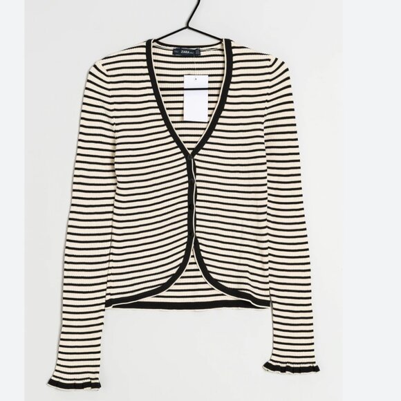 Zara Knit Black & White Striped Ribbed Cardigan with Ruffle Sleeves - Picture 3 of 8